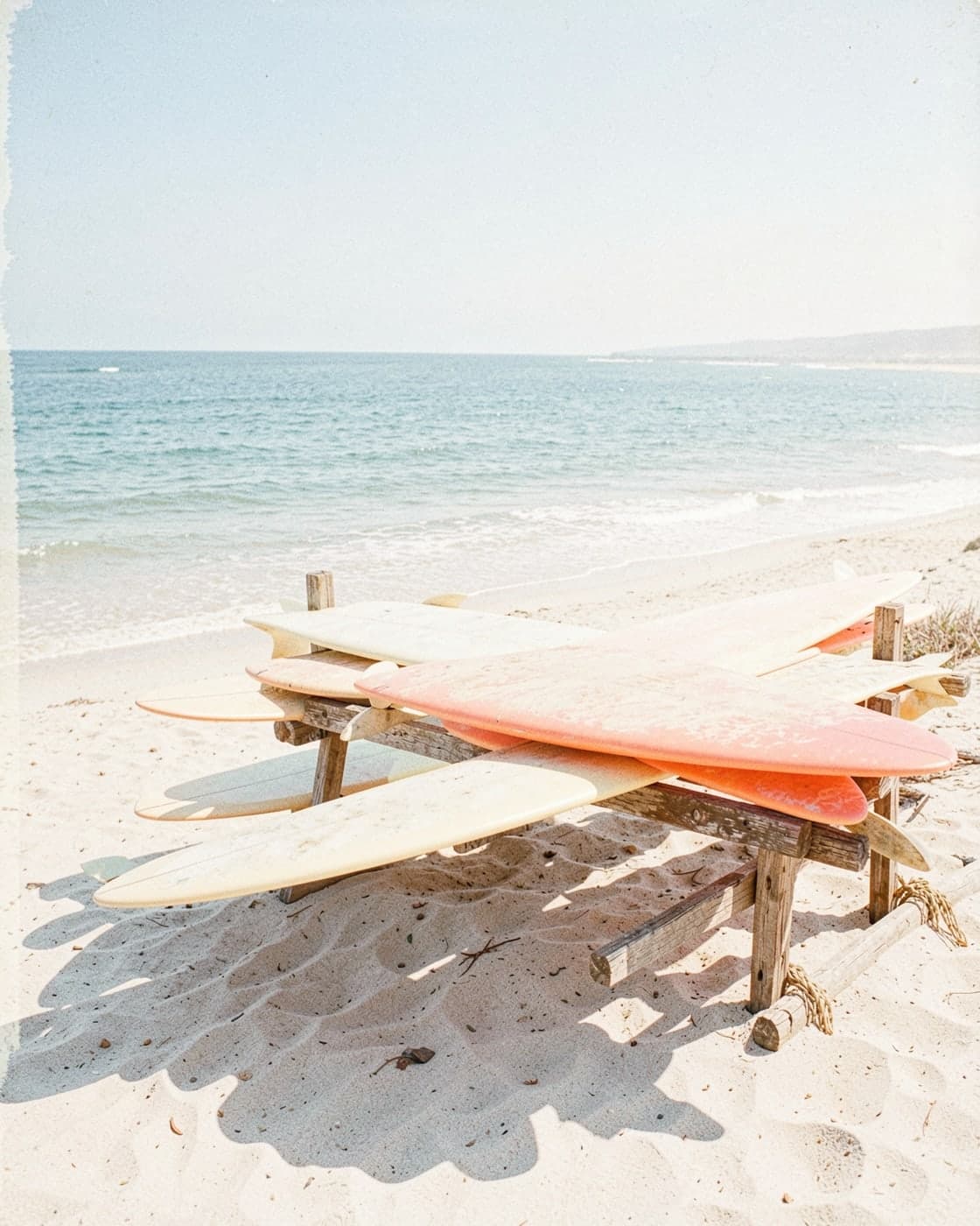 Surfboards resting on a wooden rack by the sea