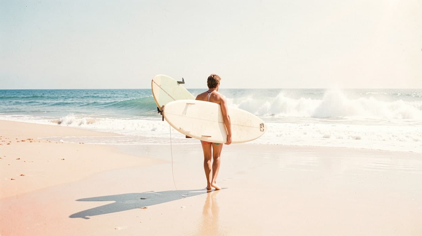 A surfer carries a pale longboard along wet sand at noon, whitewater breaking behind them under a sun-bleached sky.